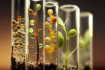 close-up of test tubes with seeds sprouting and growing, created with generative aiの素材
