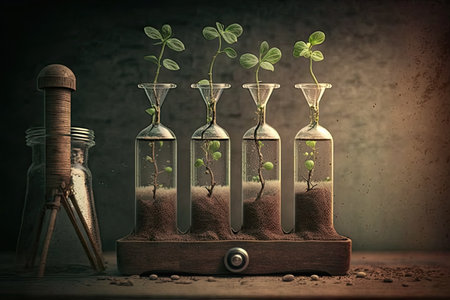 retro laboratory setting with seeds germinating in test tubes, created with generative aiの素材