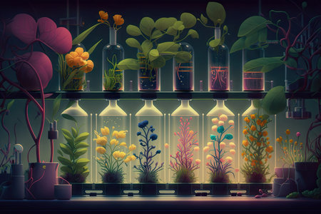 laboratory, with rows of test tubes containing sprouts of various plants and flowers, created with generative aiの素材