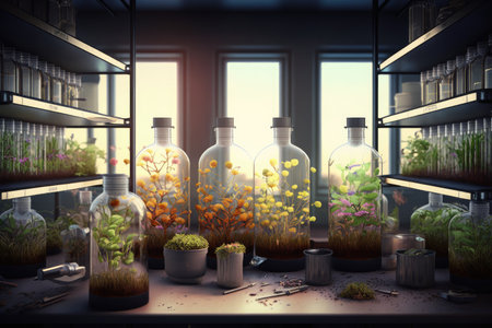 laboratory, with rows of test tubes containing sprouts of various plants and flowers, created with generative aiの素材