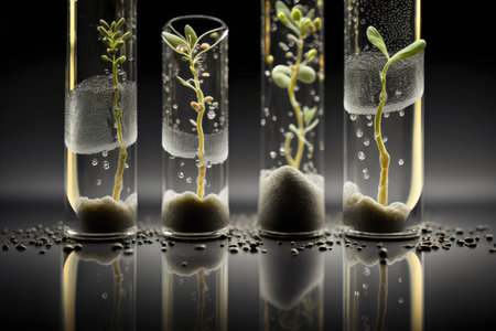 close-up of test tubes with seeds sprouting and growing, created with generative aiの素材