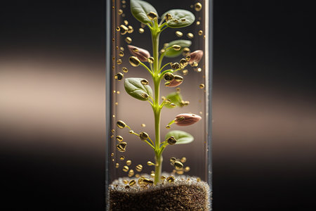 close-up of a test tube with seeds sprouting, created with generative aiの素材