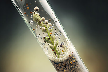 close-up of test tube with seeds and water droplets, created with generative aiの素材