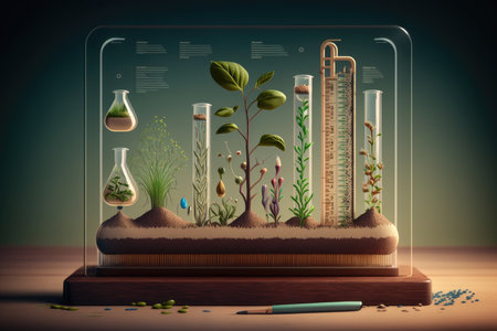 home or garden lab, with collection of test tubes with growing seeds, and graph displaying the growth of each seed, created with generative aiの素材