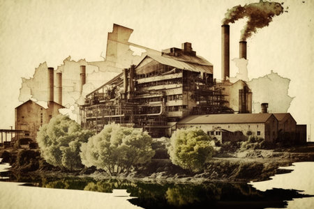 a double exposure of a pulp and paper mill, with different stages of production visible, created with generative aiの素材