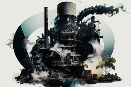 pulp and paper plant, with double exposure of machinery in motion and steam rising from the boilers, created with generative aiの素材