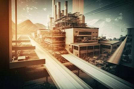 double exposure of a paper factory with the product being manufactured on the conveyor belts, created with generative aiの素材