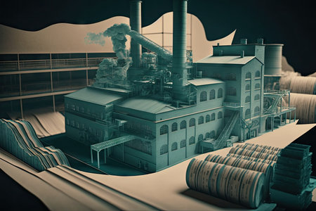 double exposure of a paper factory with the product being manufactured on the conveyor belts, created with generative aiの素材