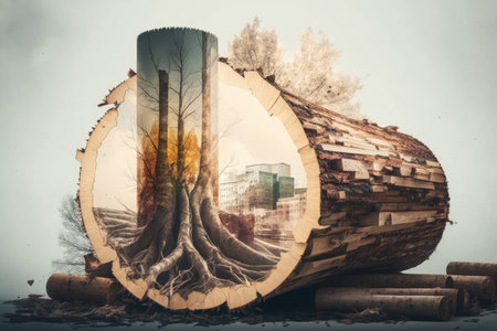 tree trunk with pulp and paper industry products visible in double exposure, created with generative aiの素材