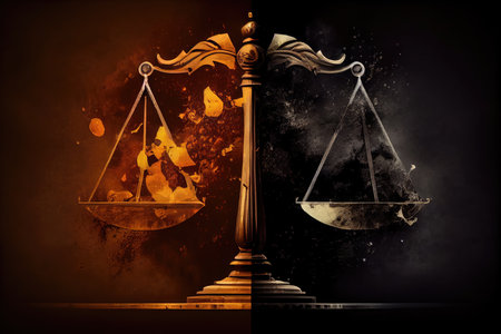 scales of justice, with one side rising and the other falling, symbolizing shifting balance between right and wrong, created with generative aiの素材