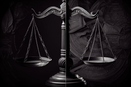 scales of justice, with one side tilting toward guilty verdict and the other toward not guilty, created with generative aiの素材