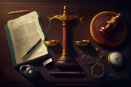 scale of justice, seen from above, with judges gavel and papers on the side, created with generative aiの素材