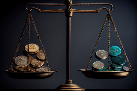 close-up of scales, with one side empty and the other filled with coins or weights, created with generative aiの素材