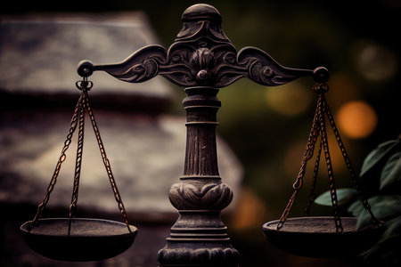 close-up of scales, with each side balanced and ready to deliver justice, created with generative aiの素材