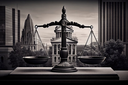 scales of justice, with a view of a bustling courthouse in the background, created with generative aiの素材