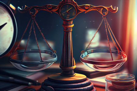 close-up of scales, with weights and justice blindfold visible, created with generative aiの素材