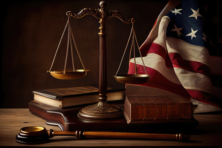 scales, with a judges gavel and book of law, against a backdrop of the american flag, created with generative aiの素材