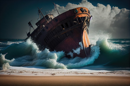 shipwreck on the beach, with waves crashing against the hull, created with generative aiの素材