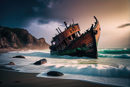 shipwreck on the shoreline with waves breaking over it, created with generative aiの素材