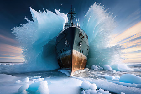 ships hull breaking through ice during frozen winter scene, created with generative aiの素材