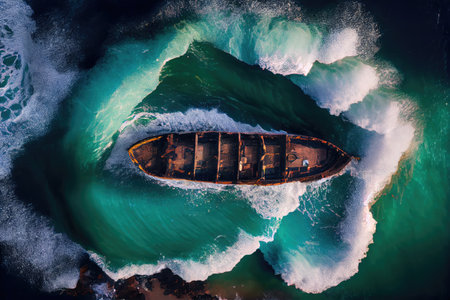 shipwreck visible from above with the waves crashing against its hull, created with generative aiの素材