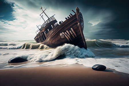 shipwreck lying on sandy shore, with waves breaking over it, created with generative aiの素材