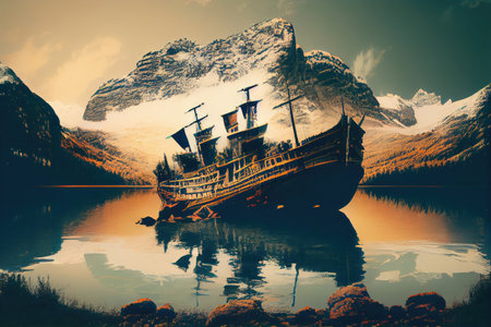 ship ran aground on peaceful lake, surrounded by tranquil scenery, created with generative aiの素材