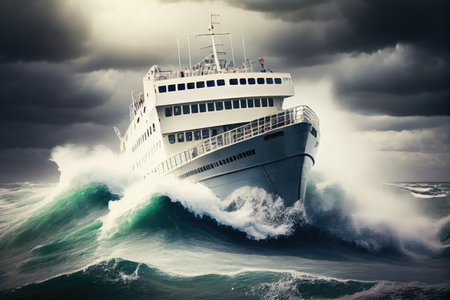 debacle of a cruise ship ran aground in the midst of stormy weather, with waves crashing against the deck, created with generative aiの素材