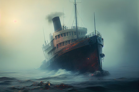 ship ran aground in dense fog, with the mist rolling across the deck, created with generative aiの素材