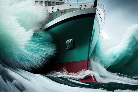 close-up of ships bow, with waves breaking against the hull, created with generative aiの素材