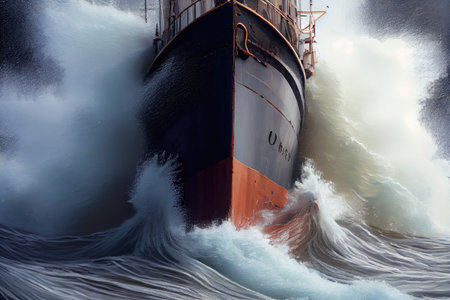 close-up of a ships hull with waves breaking over it, showing how the tide has risen above its deck, created with generative aiの素材