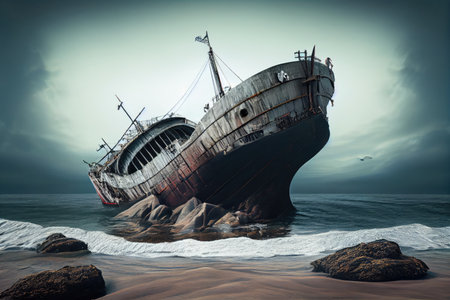 run aground ship with its bow jutting out of the water on calm and peaceful shore, created with generative aiの素材
