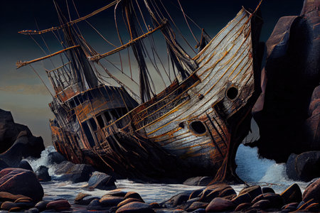 close-up of the broken hull and rigging of a ship ran aground on rocky shore, created with generative aiの素材