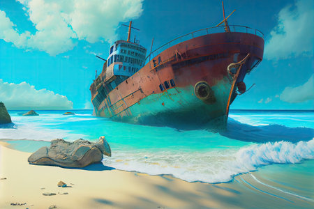 ship ran aground on sandy beach, with the clear blue water in the background, created with generative aiの素材