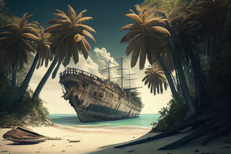 beached ship surrounded by palm trees on tropical island, created with generative aiの素材