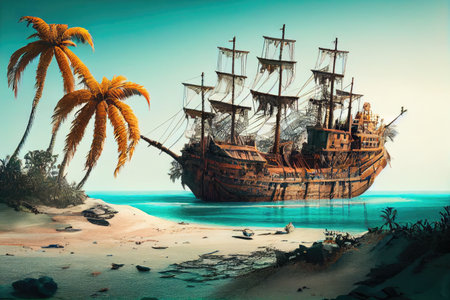 ship ran aground on deserted island, surrounded by turquoise waters and palm trees, created with generative aiの素材