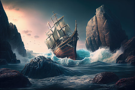 wreckage of a ship stuck on the rocks with the rising tide, created with generative aiの素材
