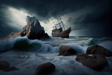 shipwreck on the rocky seashore with waves and storm clouds in the background, created with generative aiの素材