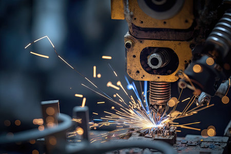 close-up of spot welding robot with sparks flying, created with generative aiの素材