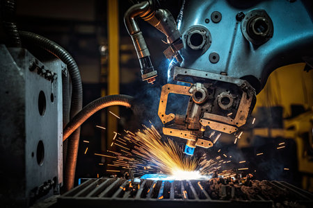 spot welding robot, with its arm and tool secured in place, performing precise welds on car part, created with generative aiの素材