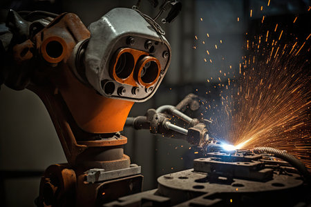 spot welding robot, with its arm and tool secured in place, performing precise welds on car part, created with generative aiの素材