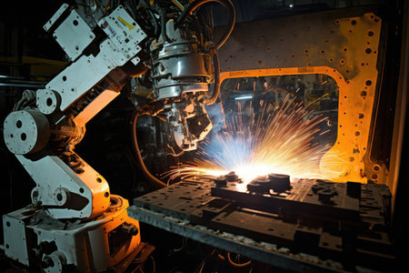 robotic arm welding spot on car body panel, created with generative aiの素材