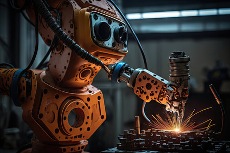 spot welding robot in operation, spot welding chains and cables, created with generative aiの素材