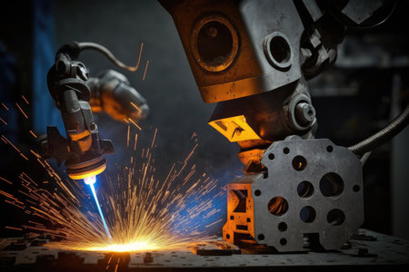 spot welding robot performing intricate weld on metal part, created with generative aiの素材