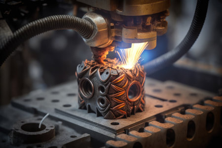 spot welding robot performing intricate weld on metal part, created with generative aiの素材