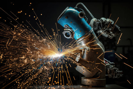 spot welding robot, with sparks flying as it welds metal together, created with generative aiの素材