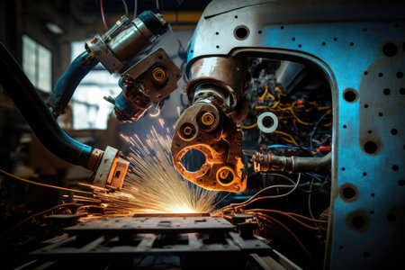 spot welding robot, working on car chassis, with components and tools visible, created with generative aiの素材