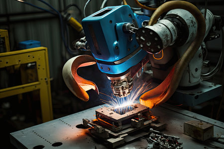 spot welding robot with heated tip that melts metal during spot weld, created with generative aiの素材
