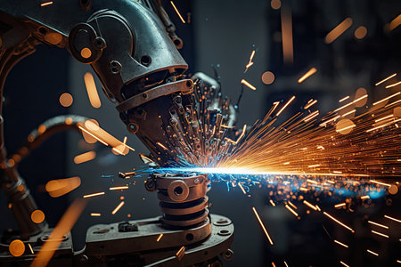 close-up of spot welding robot arm in motion, with sparks flying, created with generative aiの素材
