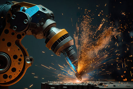 close-up of spot welding robot arm in motion, with sparks flying, created with generative aiの素材